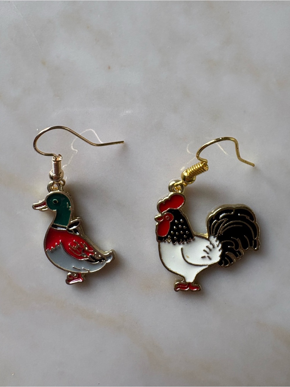 Gold-Tone Duck and Rooster Enamel Drop Earrings - Green, Red, White